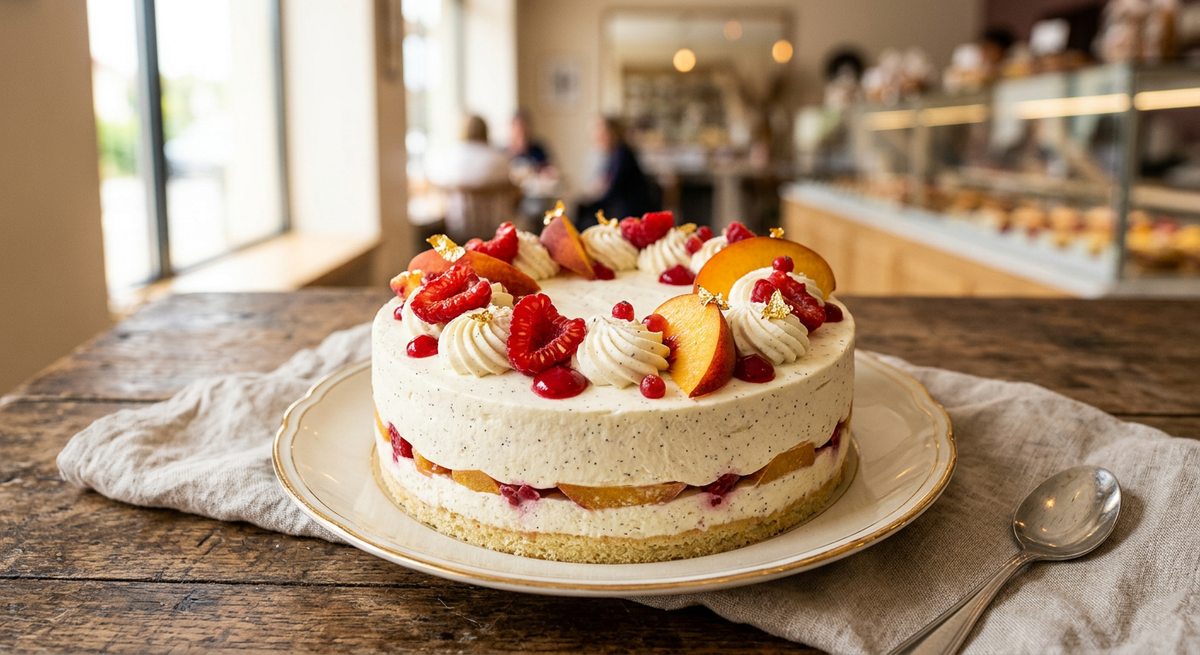 Chantilly Pêche Framboise Vanille — création Maison Du Gateau à Tarbes