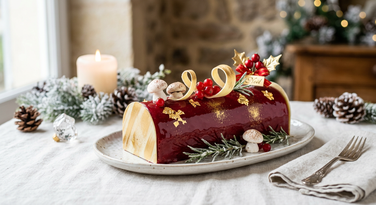 Bûche de Noël rouge rubis — création Maison Du Gateau à Tarbes