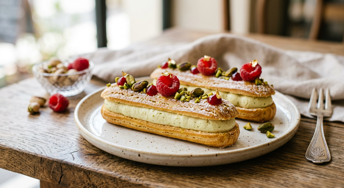 Éclairs pistache framboise — création Maison Du Gateau à Tarbes