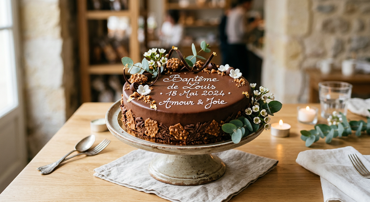Baptême Chocolat Praliné — création Maison Du Gateau à Tarbes